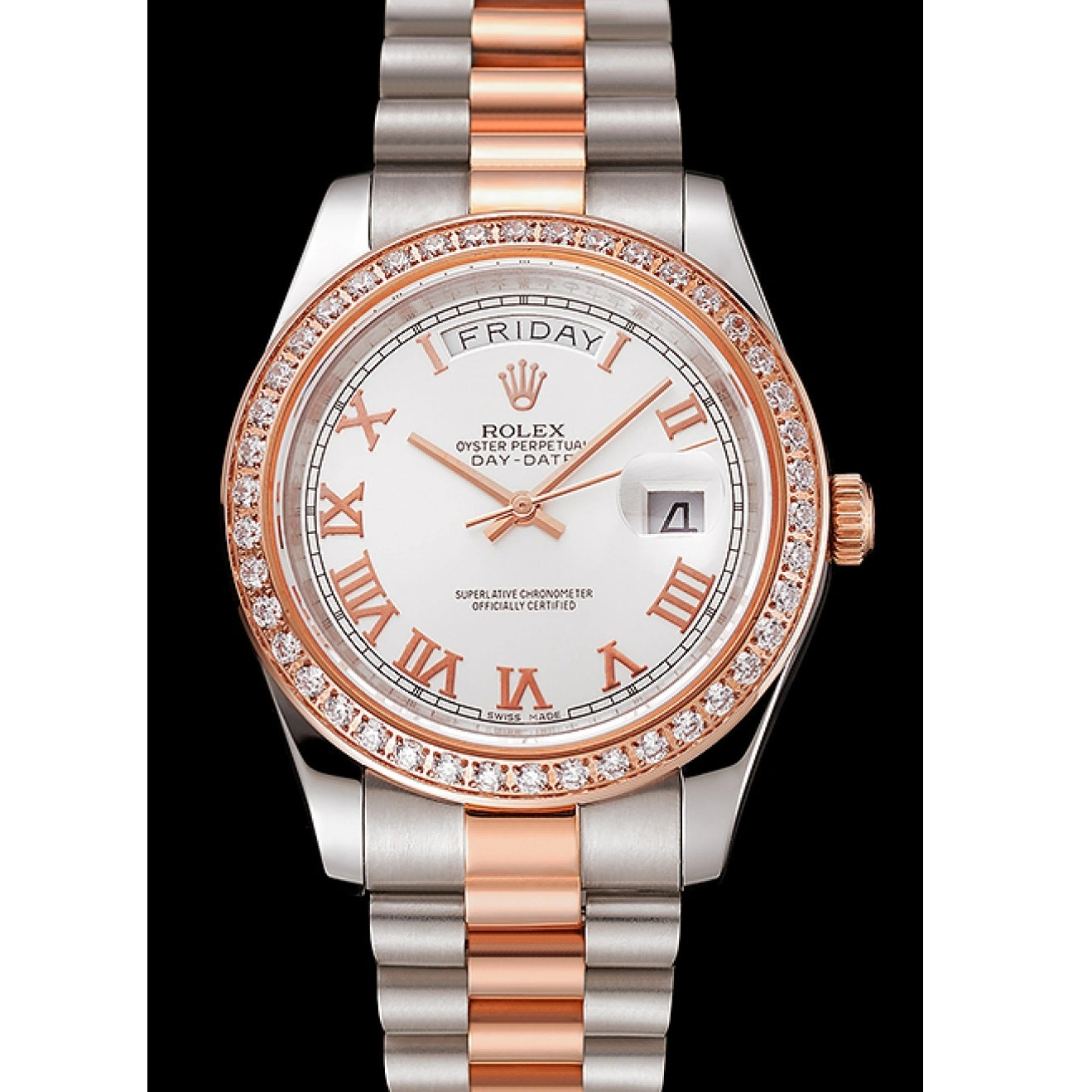 Rolex copies cheap Staineless Bracelet Rolex Dial Swiss Gold 1454108 Day-Date Diamonds White Rose Bezel And Steel 1015
